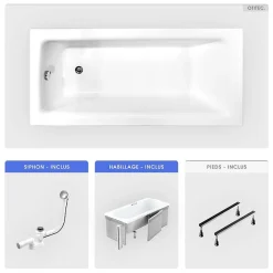 Besco Baignoire rectangulaire - 120 x 70 cm - avec Habillage - Pieds - Vidage Chrome - TALIA