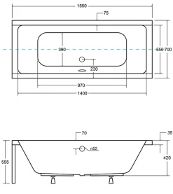 Baignoire D'Angle|Badland Baignoire rectangulaire 155 x 70 QUADRO acrylique blanc, sans Habillage + Repose Tête + Pieds + Vidage à chromé