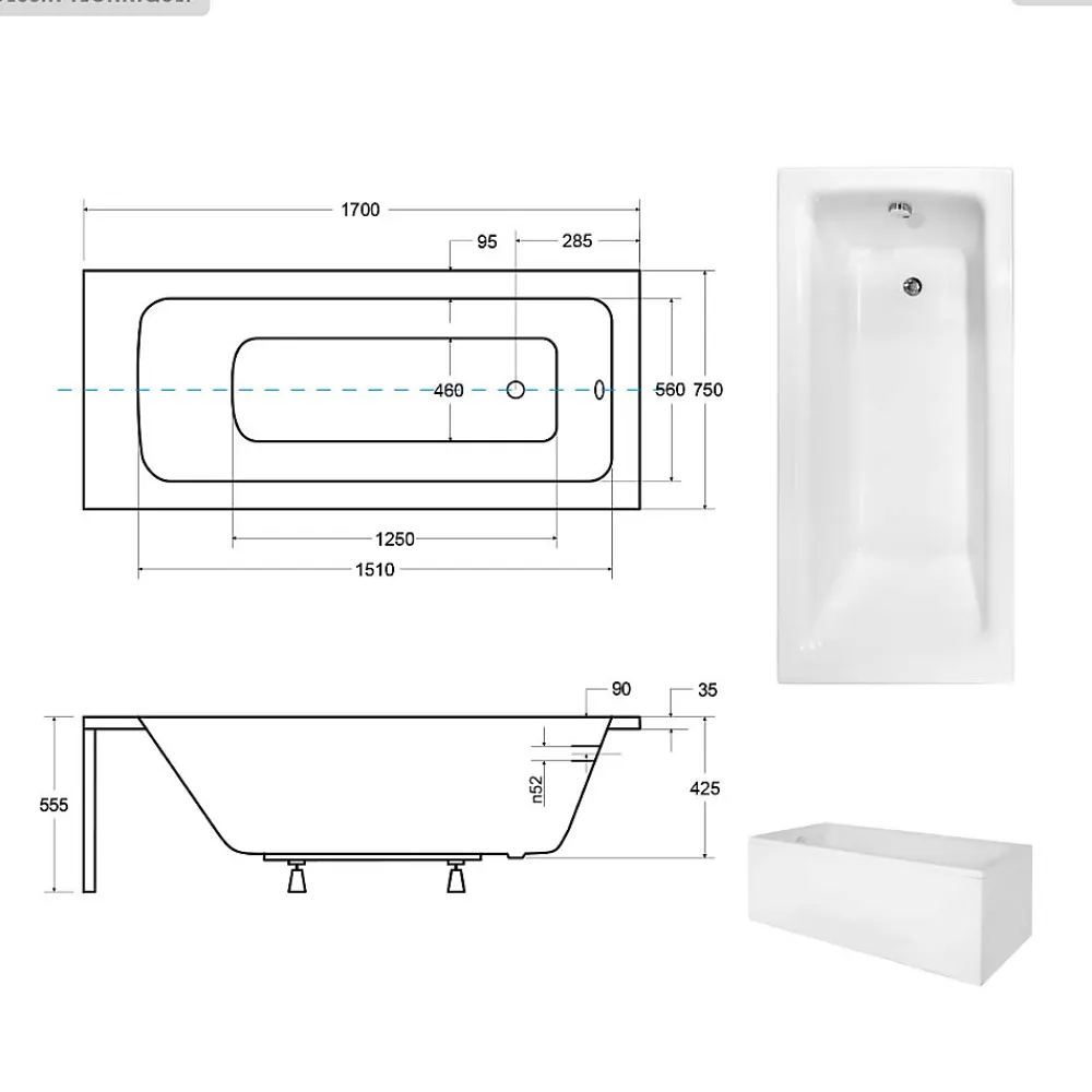 Baignoire Droite|Besco Baignoire rectangulaire - 170 x 75 cm - avec Tablier Blanc - Pieds - Vidage Chrome - TALIA