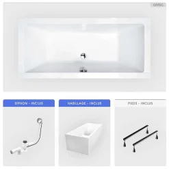 Besco Baignoire rectangulaire - 180 x 80 cm - avec Habillage Polystyrène - Pieds - Vidage Chrome - QUADRO