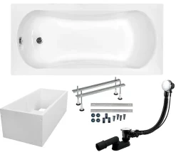 Baignoire D'Angle|Badland Baignoire rectangulaire 130 x 70 ARIA acrylique blanc + Support stabilisateur en polystyrène + Pieds + Vidage à chromé
