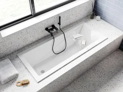 Baignoire D'Angle|Badland Baignoire rectangulaire 180 x 80 MODERN SLIM acrylique blanc + Habillage en polystyrène + Pieds + Vidage à chromé