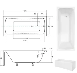 Baignoire Droite|Besco Baignoire rectangulaire + tablier noir mat + repose tête - OPTIMA - 140 x 70 cm