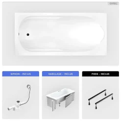 Besco Baignoire rectangulaire - 190 x 80 cm - avec Habillage - Pieds - Vidage Chrome - BONA