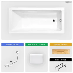 Besco Baignoire rectangulaire - 180 x 80 cm - sans Habillage - avec Pieds - Repose-tête - Étagère bambou - Vidage Chrome - MODERN