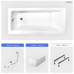 Baignoire Droite|Besco Baignoire rectangulaire - 100 x 70 cm - avec Tablier Blanc - Pieds - Vidage Chrome - TALIA