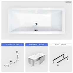 Besco Baignoire rectangulaire - 190 x 90 cm - avec Habillage - Pieds - Vidage Chrome - QUADRO SLIM