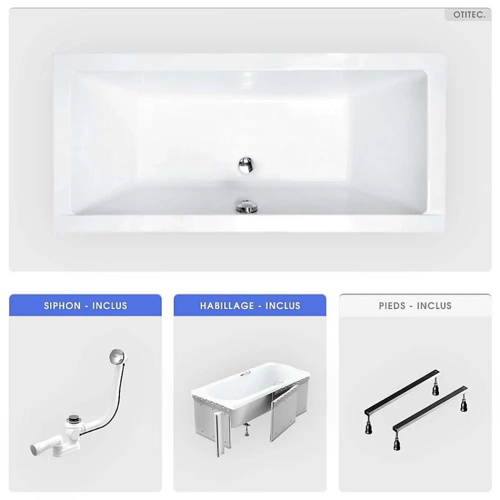 Besco Baignoire rectangulaire - 190 x 90 cm - avec Habillage - Pieds - Vidage Chrome - QUADRO SLIM