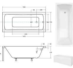 Baignoire Droite|Besco Baignoire rectangulaire + tablier noir mat + repose tête - OPTIMA - 160 x 70 cm
