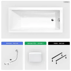 Baignoire Droite|Besco Baignoire rectangulaire - 160 x 70 cm - sans Habillage - avec Pieds - Repose-tête - Vidage Chrome - MODERN