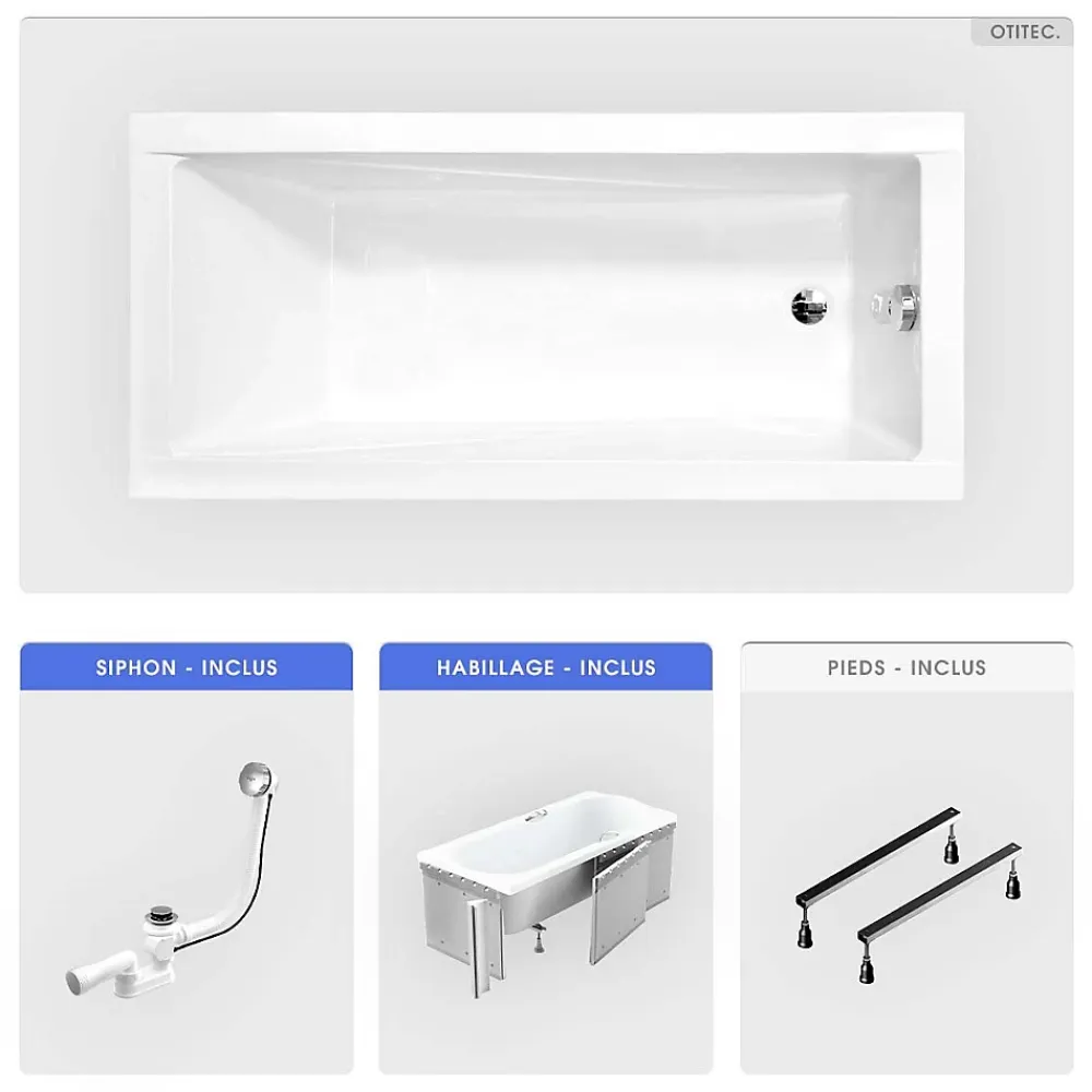Baignoire Droite|Besco Baignoire rectangulaire - 170 x 70 cm - avec Habillage - Pieds - Vidage Chrome - MODERN