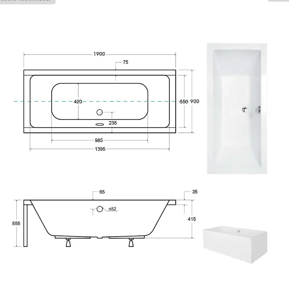 Besco Baignoire rectangulaire - 190 x 90 cm - sans Habillage - avec Pieds - Vidage Chrome - QUADRO