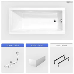 Besco Baignoire rectangulaire - 180 x 80 cm - avec Tablier Blanc - Pieds - Vidage Chrome - MODERN