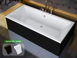 Baignoire Droite|Besco Baignoire rectangulaire - avec Tablier Noir Mat et Repose Tête OFFERT - QUADRO - 190 x 90 cm