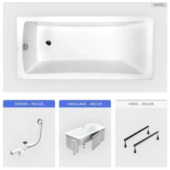 Besco Baignoire rectangulaire - 160 x 70 cm - avec Habillage - Pieds - Vidage Chrome - OPTIMA