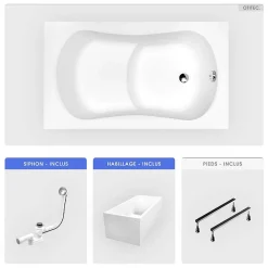 Besco Baignoire rectangulaire - 120 x 70 cm - avec Habillage Polystyrène - Pieds - Poignées - Vidage Chrome - ARIA REHAB