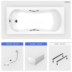 Besco Baignoire rectangulaire - 140 x 70 cm - avec Tablier Blanc - Pieds - Poignées - Vidage Chrome - ARIA PLUS