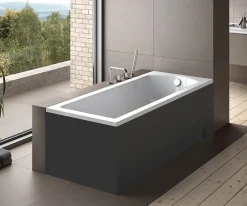 Baignoire Droite|Besco Baignoire rectangulaire + tablier noir + repose tête - SHEA - 170 x 70 cm