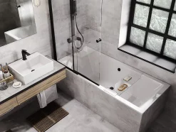 Baignoire D'Angle|Badland Baignoire rectangulaire 155 x 70 QUADRO SLIM acrylique blanc + Habillage en polystyrène (4 cm) + Pieds + Vidage à chromé