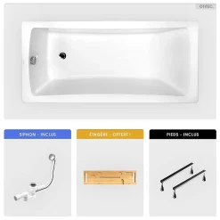 Besco Baignoire rectangulaire - 160 x 70 cm - sans Habillage - avec Pieds - Étagère bambou - Vidage Chrome - OPTIMA