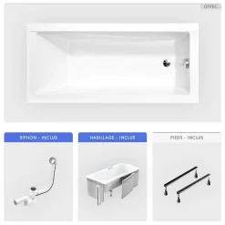 Besco Baignoire rectangulaire - 180 x 80 cm - avec Habillage - Pieds - Vidage Chrome - MODERN