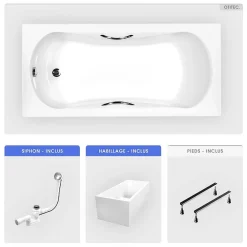 Baignoire Droite|Besco Baignoire rectangulaire - 140 x 70 cm - avec Habillage Polystyrène - Pieds - Poignées - Vidage Chrome - ARIA PLUS