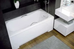 Baignoire Droite|Besco Baignoire rectangulaire - 140 x 70 cm - avec Habillage Polystyrène - Pieds - Poignées - Vidage Chrome - ARIA PLUS