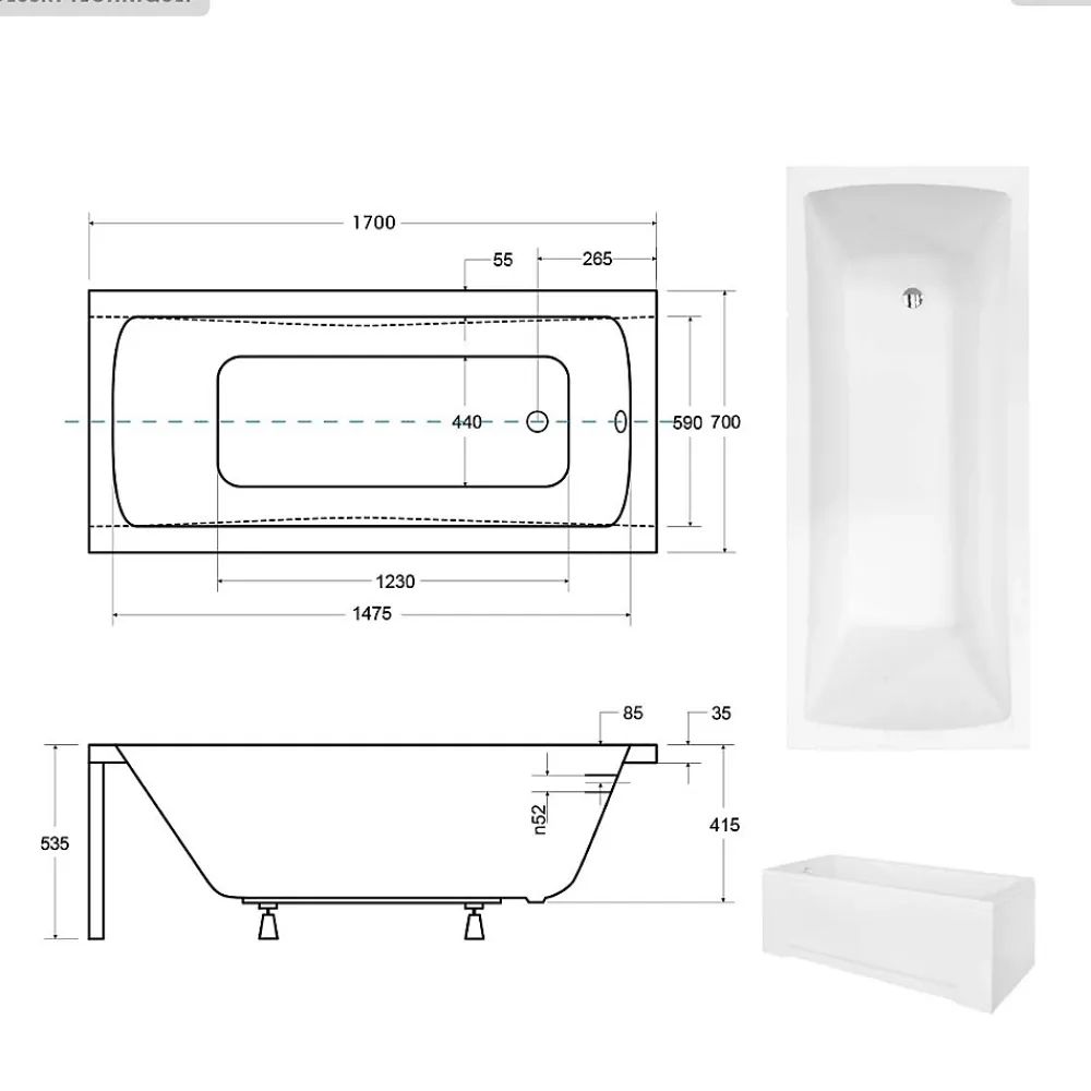 Besco Baignoire rectangulaire - 170 x 70 cm - sans Habillage - avec Pieds - Vidage Chrome - OPTIMA