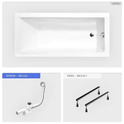 Besco Baignoire rectangulaire - 180 x 80 cm - sans Habillage - avec Pieds - Vidage Chrome - MODERN