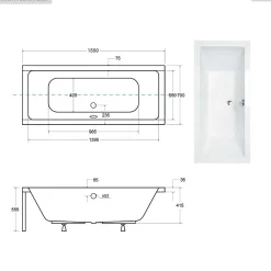 Baignoire Droite|Besco Baignoire rectangulaire - 155 x 70 cm - sans Habillage - avec Pieds - Vidage Chrome - QUADRO SLIM
