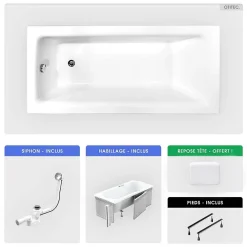 Besco Baignoire rectangulaire - 170 x 75 cm - avec Habillage - Pieds - Poignées - Repose-tête - Vidage Chrome - TALIA PREMIUM