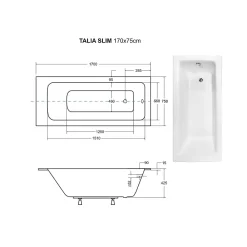 Baignoire Droite|Besco Baignoire rectangulaire blanche à encastrer + repose tête - 170 x 75 cm - TALIA SLIM