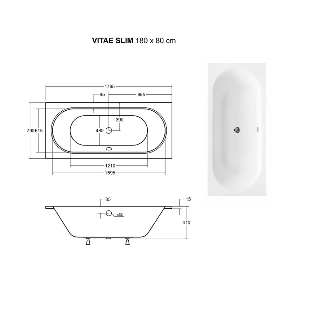 Besco Baignoire rectangulaire blanche à encastrer + repose tête - 180 x 80 cm - VITAE SLIM