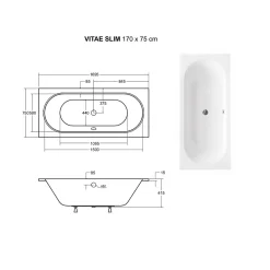Besco Baignoire rectangulaire blanche à encastrer + repose tête - 170 x 75 cm - VITAE SLIM