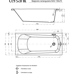 Baignoire Droite|Planète Bain Baignoire rectangulaire gain de place 150x70 cm NAO encastrable (SANS TABLIER)