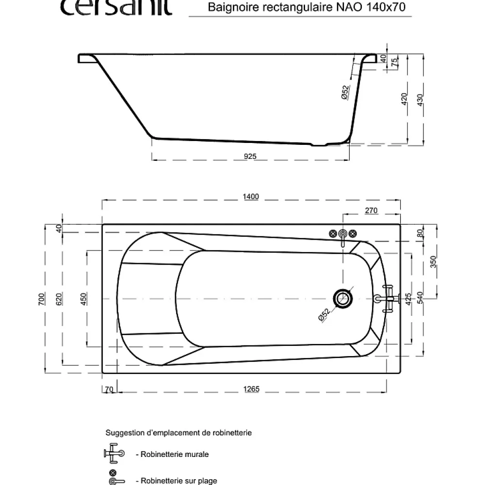 Planète Bain Baignoire rectangulaire gain de place 140x70 cm NAO encastrable (SANS TABLIER)