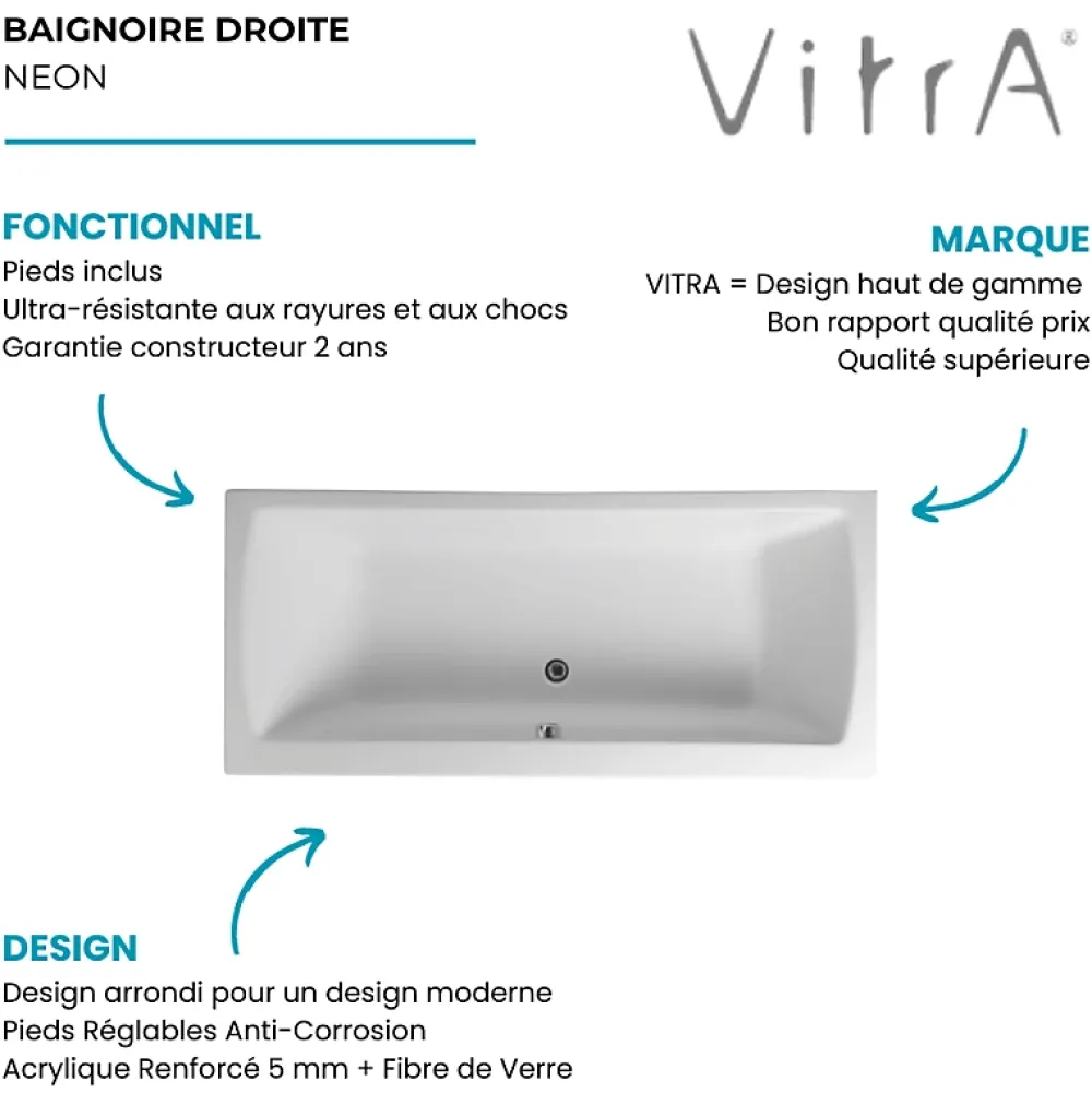Vitra Baignoire rectangulaire Neon avec pied 180x80cm Blanc