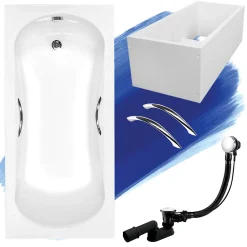 Baignoire D'Angle|Badland Baignoire rectangulaire 150x70 ARIA PLUS acrylique blanc + Support stabilisateur en polystyrène +Poignées +Pieds + Vidage à chromé