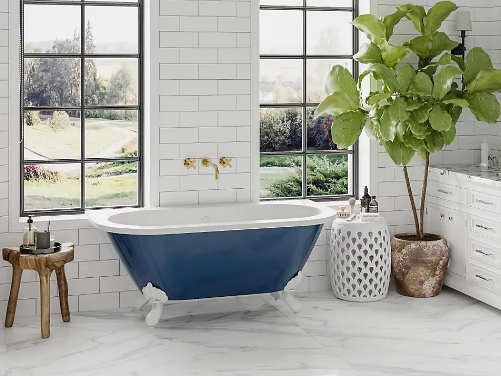 Baignoire Îlot|Vente-unique Baignoire semi îlot rétro avec pieds d'aigle - Bleu brillant - 154L - 150 x 74 x 61 cm - SPARUS