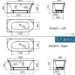 Stano Baignoire semi-îlot design ELIZABETH blanche 170 cm Angle à droite