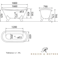 Rogier & Mothes Baignoire sur pieds en fonte BRADFORD Blanche 180 cm Pieds chromes