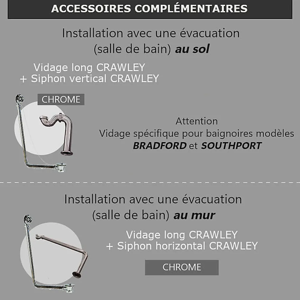 Rogier & Mothes Baignoire sur pieds en fonte BRADFORD Blanche 180 cm Pieds chromes