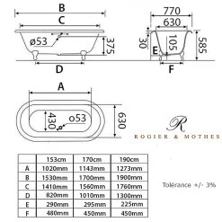 Baignoire Îlot|Rogier & Mothes Baignoire sur pieds en fonte PLYMOUTH Blanche 170 cm Pieds blancs