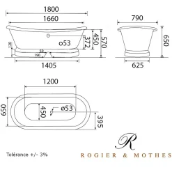 Rogier & Mothes Baignoire sur socle en fonte emaillee SOUTHPORT Noire 180 cm Peinture noire (baignoire et socle)