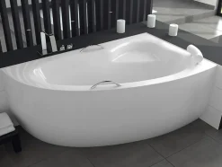Baignoire D'Angle|Badland Baignoire 150x100 Droite NATALIA PREMIUM acrylique blanc + Habillage en polystyrène +Poignées +Repose Tête +Pieds +Vidage à chromé