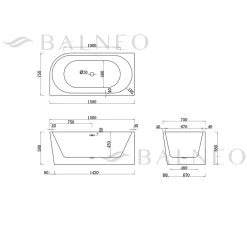 Baignoire Asymétrique|Balneo - baignoire îlot d'angle gauche 150x75 cm AVOLA avec cache trop-plein et bonde anthracite