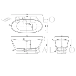 Baignoire Îlot|Balneo Baignoire autoportante 170x72cm, accessoires inox, Acrylique thermoformé 3.5mm, avec pieds réglables, PARMA