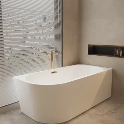 Baignoire Asymétrique|Balneo Baignoire semi-îlot Murale 170x80cm droite, accessoires cuivre, Acrylique thermoformé 3.5mm, avec pieds réglables, AVOLA