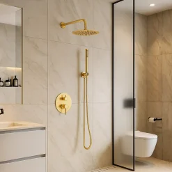 Balneo Système de douche avec pommeau de pluie or brillant Acier inoxydable - Mitigeur de douche avec douchette CASCADE