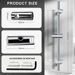 Todot Barre de douche 70cm en Acier Inoxydable Chromé avec Fixations ajustables